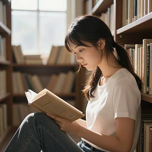 Photograph of a young Asian woman with long black hair, wearing a white t-shirt and blue jeans, reading a book in a sunlit library,
