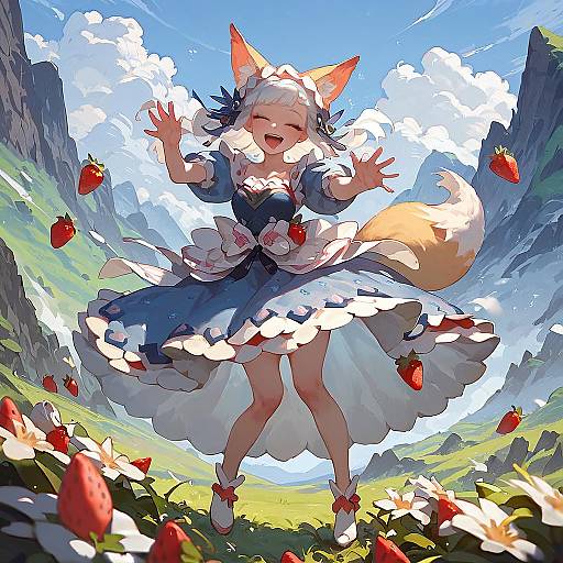 White Foxgirl in Strawberry Costume