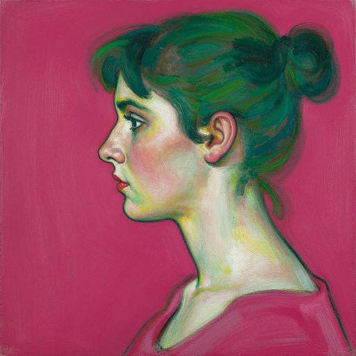 Digital painting of a white woman in profile, green hair in a bun, pink shirt, against a vibrant pink background.