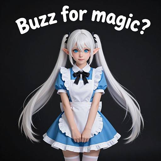 Digital anime-style drawing of a white-haired elf girl in a blue and white maid outfit, with long twin-tails, blue eyes, and 