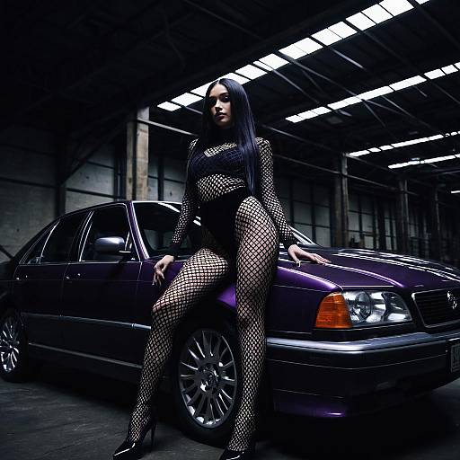 Model in Sheer Fishnet Dress Leaning on Purple Car