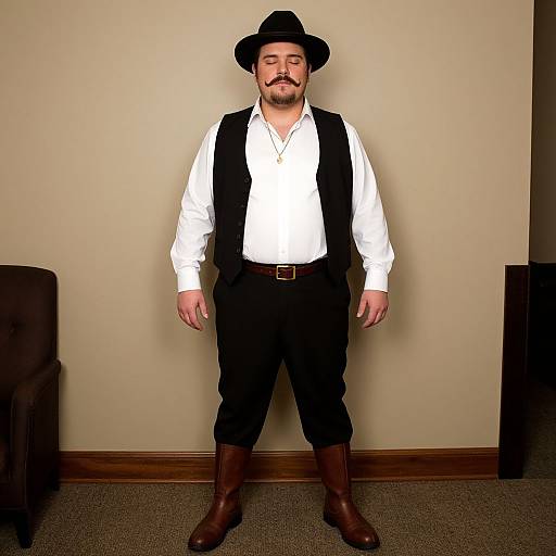 Photograph of a bearded man with a mustache, wearing a black hat, white shirt, black vest, black pants, and brown boots,