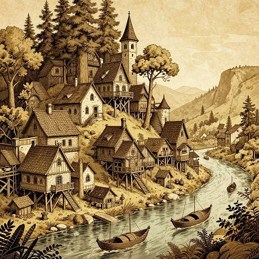 Sepia-toned illustration of a quaint, wooden village with stilt houses, a church steeple, and boats on a winding river, surrounded