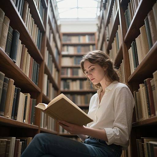 Photograph of a young woman with wavy brown hair, wearing a white blouse and blue jeans, reading a book in a dimly lit, narrow