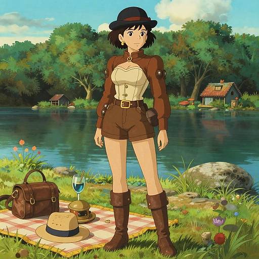 Steampunk Woman by Lake with Picnic in Studio Ghibli Style
