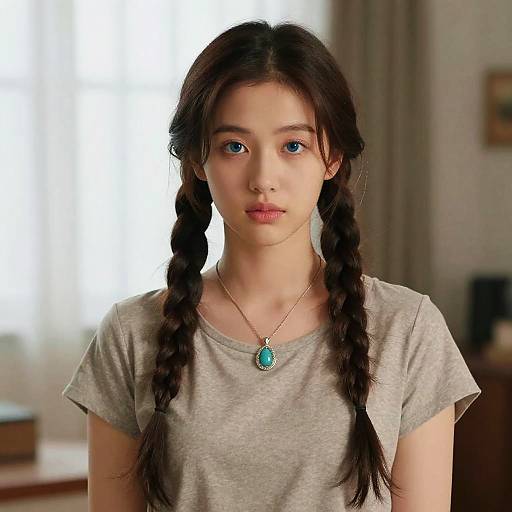 Young Woman with Twin Braids and Blue Eyes Indoors