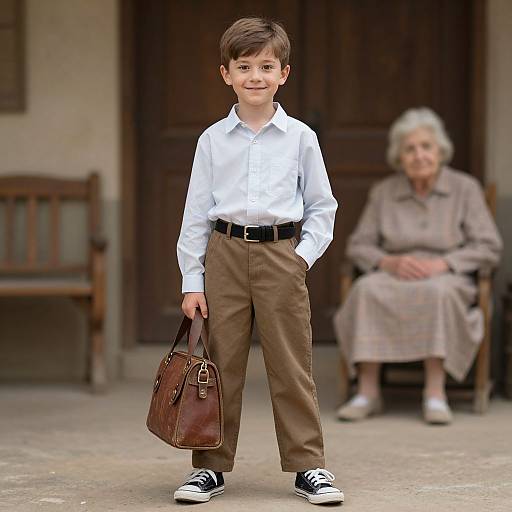 Photograph of a young boy in white shirt, brown pants, black belt, black shoes, holding brown leather bag, smiling, standing in front of