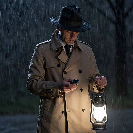Photograph of a man in a tan overcoat and black hat, holding a lantern and lighter, in a rainy, dark forest.
