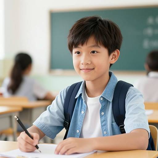 Photograph of a young Asian boy with short black hair, wearing a light blue shirt and backpack, smiling while writing in a classroom. Blurred classmates