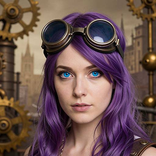 Digital artwork of a pale-skinned woman with vibrant purple hair, blue eyes, and steampunk goggles, set against a backdrop of large gold gears