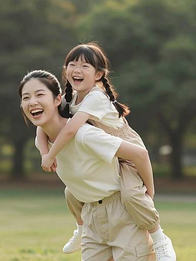 Mother and Daughter Piggyback in Park