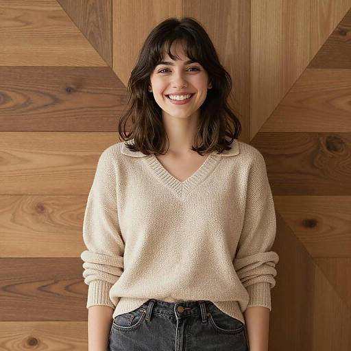 Smiling Young Woman Against Wooden Wall