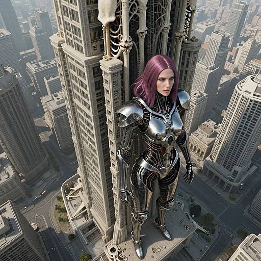 Digital artwork of a purple-haired woman in futuristic black and silver armor standing on a skyscraper in a bustling cityscape.