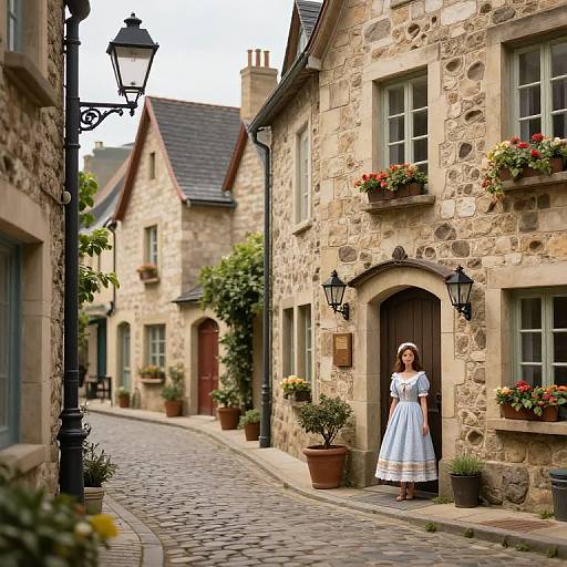 Photograph of a woman in a white vintage dress standing on a cobblestone street beside a stone building with flower boxes.