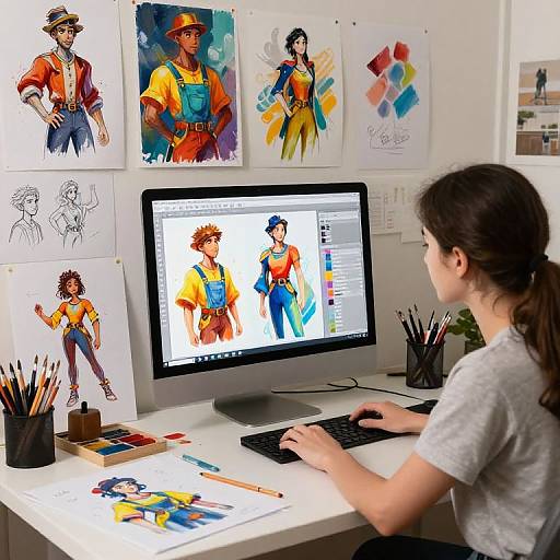 Photograph of a young woman in a grey shirt working on a digital illustration of vibrant, cartoon-style characters on a white desk. Background: colorful character