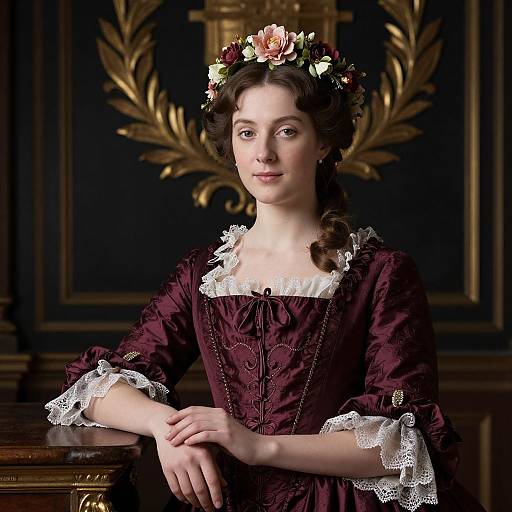 Photograph of a fair-skinned woman with brown hair in a braided updo, wearing a dark maroon, lace-trimmed 18