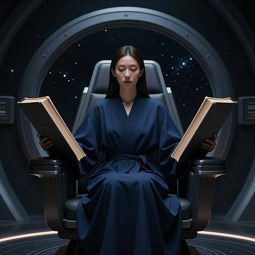 Woman in Futuristic Chair Reading Large Books