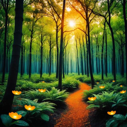 Vibrant Sunset Forest Canopy with Fireflies