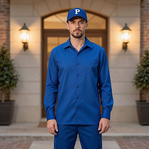 Photograph of a bearded man in blue baseball cap and matching button-up shirt and pants, standing in front of a warmly lit, brick-fronted