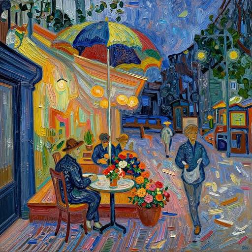 Vibrant, impressionist-style painting of a nighttime street café with colorful umbrellas, glowing lanterns, and patrons enjoying flowers and drinks.