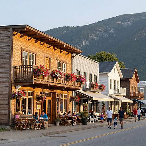 Photograph of a quaint, sunlit, mountain town street with wooden and white buildings, flower boxes, outdoor seating, and pedestrians.