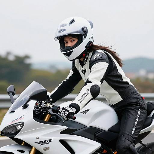 Photograph of a female motorcyclist in black and white racing suit, white helmet, riding a white sportbike on a blurred roadside.