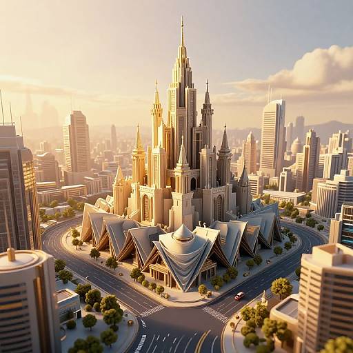Photorealistic CGI of a sunlit, futuristic cityscape with a prominent, multi-spired, glass-roofed building at its center, surrounded