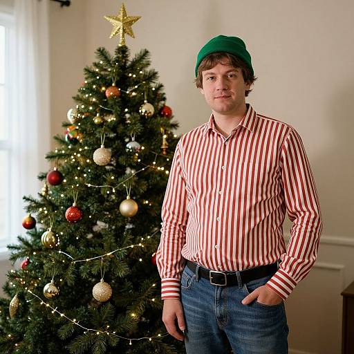 Photograph of a young man with short brown hair, wearing a green beanie, red and white striped shirt, and blue jeans, standing beside a