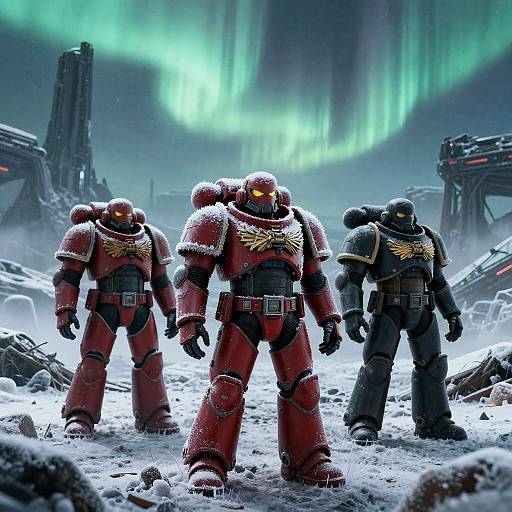 Photorealistic CGI image of three robotic warriors in red and black armor standing in snowy, ruined landscape under green aurora.