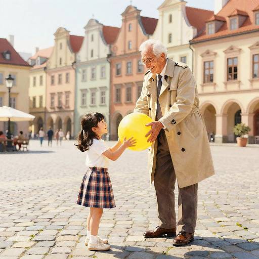 Photograph of an elderly man in a beige coat holding a yellow balloon, smiling at a young girl in a plaid skirt, on a sunny,