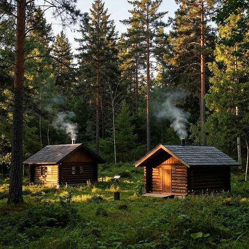 Photograph of two wooden cabins with smoke rising from chimneys, set in a sunlit, dense forest with tall pine trees.