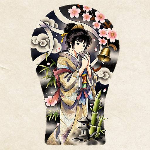 Pastel Neo-Traditional Anime Shrine Maiden Tattoo