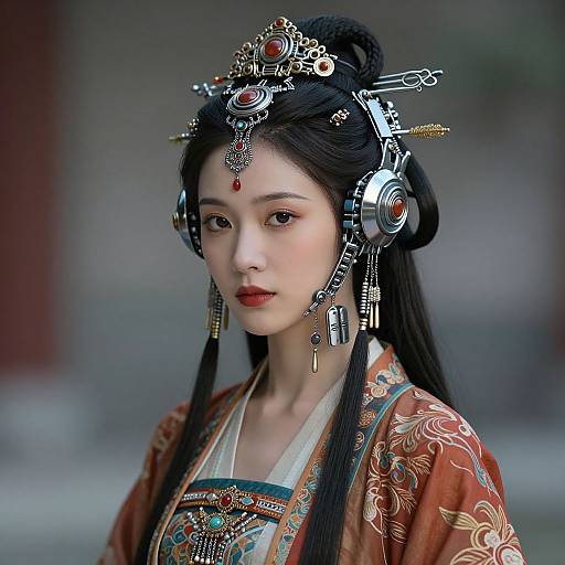 Digital art of an East Asian woman with pale skin, black hair, and red lips, wearing an ornate, metallic headdress and traditional kimono