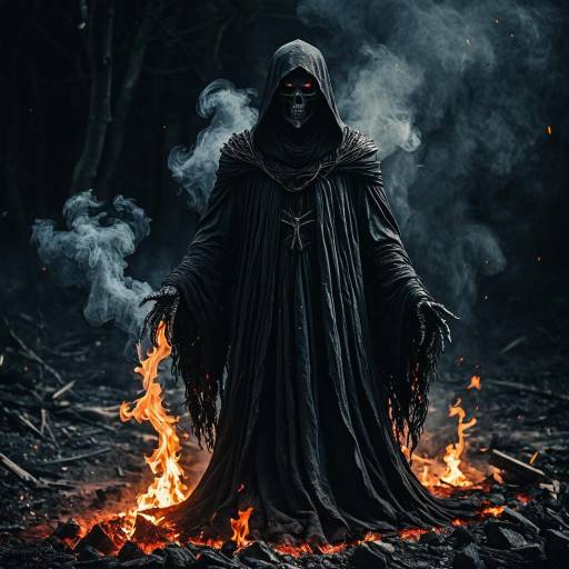 Dark Wraith with Fiery Flames in a Smoky Forest