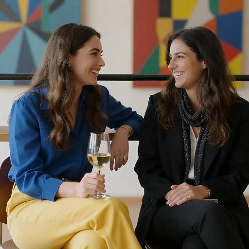Two Women Laughing with Glass of Wine Indoors