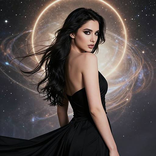 Photograph of a stunning woman with long black hair, wearing a strapless black dress, standing against a cosmic background with a glowing galaxy ring.