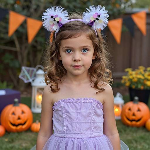 Photograph of a young girl with curly brown hair, blue eyes, wearing a white strapless dress and fluffy Halloween cat ears, standing in a backyard