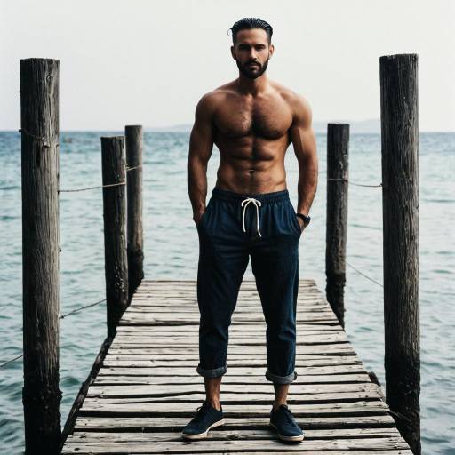 Shirtless Mediterranean Man on Wooden Pier