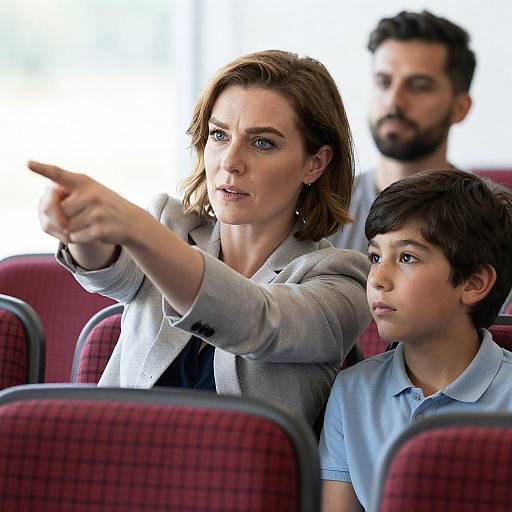 Woman Pointing Forward with Boy and Man in Audience