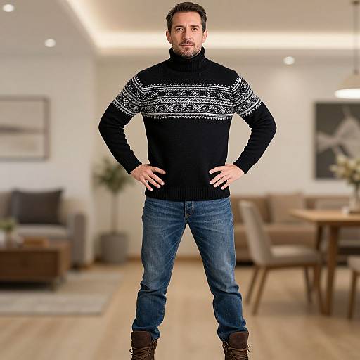 Photograph of a bearded man with short brown hair, wearing a black knit sweater with white patterns, blue jeans, and brown boots, standing confidently