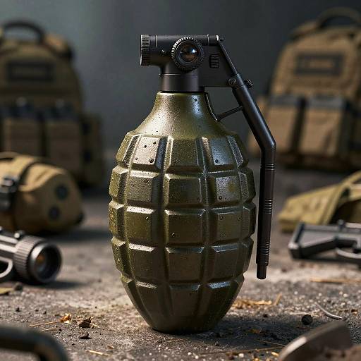 Photograph of a detailed, green, metal grenade with a black handle, surrounded by blurred tactical gear and scattered debris on a gritty, dimly-l