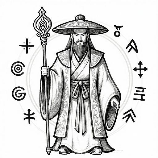 Black and white digital drawing of a bearded wizard in ornate robes, holding a staff, with Japanese characters around him.