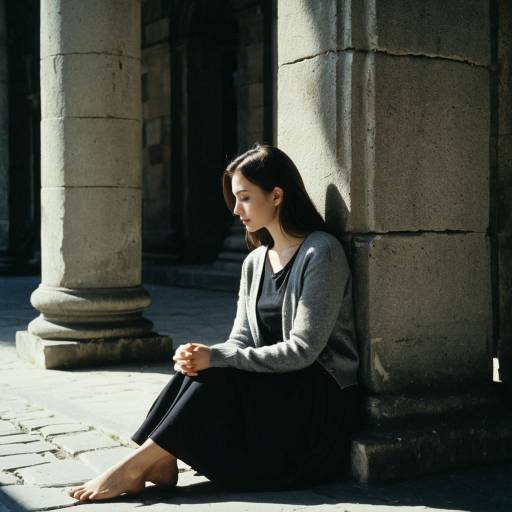 Young Woman Sitting by Stone Pillar