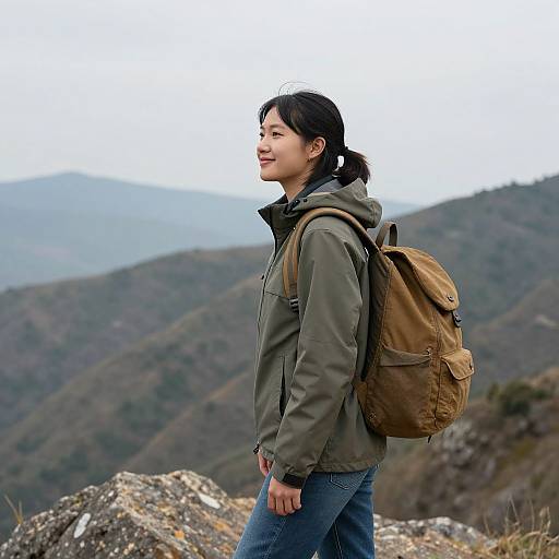 Photograph of an Asian woman with black hair in a ponytail, wearing a green jacket and blue jeans, carrying a brown backpack, standing on a