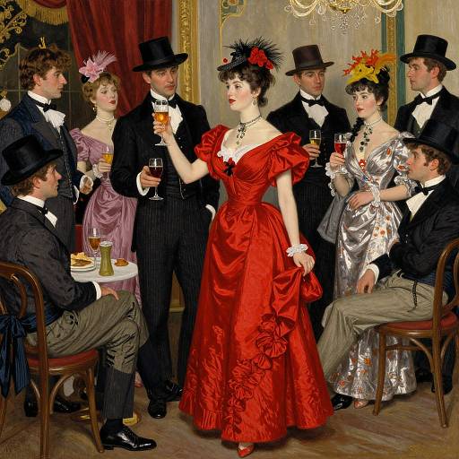 Victorian-era painting of a formal party: seven men and women in elaborate dresses and top hats, holding glasses, seated and standing, in a luxurious