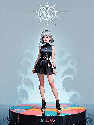 Stylish woman in black mini dress standing on colorful platform