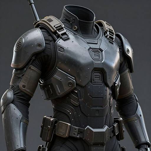 Photorealistic CGI of a futuristic, metallic armored warrior with glossy chest plate, shoulder pads, and utility belt, against a dark gray background.