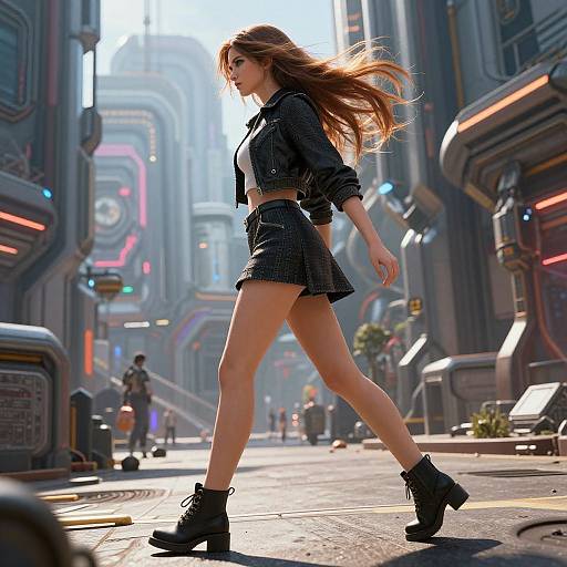 Futuristic Woman Walking Street Scene