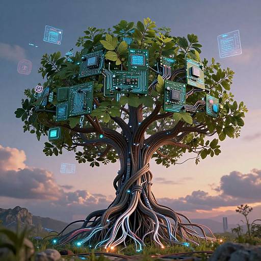 Photorealistic digital artwork of a futuristic tree with glowing, circuit-board leaves and intertwined roots against a sunset sky.