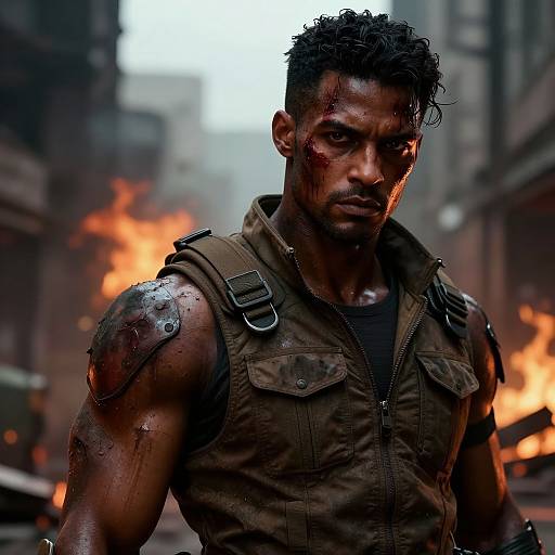 Photorealistic digital artwork of a muscular, dark-skinned man with wet, black curly hair, wearing a sleeveless, brown military-style vest,